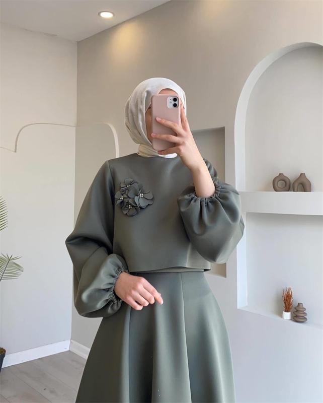Green Autumn New Middle East Dubai Flower Lantern Sleeve Loose Skirt Dress Suits Two-piece Set