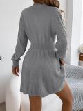 Gray Tight Waist Lantern Long Sleeve Knitting Sweaters Party Mini Skirt Dress