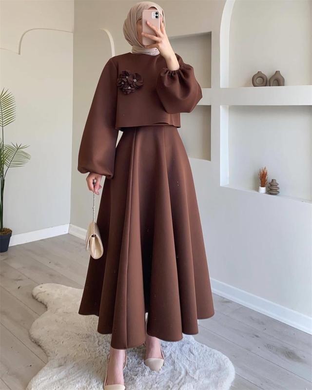 Caramel Autumn New Middle East Dubai Flower Lantern Sleeve Loose Skirt Dress Suits Two-piece Set