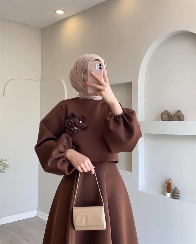 Caramel Autumn New Middle East Dubai Flower Lantern Sleeve Loose Skirt Dress Suits Two-piece Set