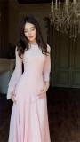 Pink Mesh Long Sleeve See Through Luxury Women Simple Fashion Evening Party Maxi Dress