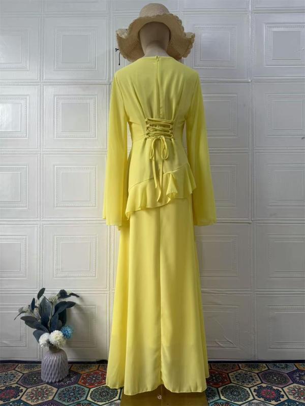 Yellow Mesh Long Sleeve See Through Luxury Women Simple Fashion Evening Party Maxi Dress