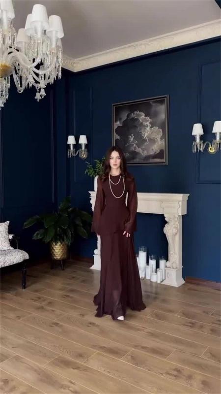 Brown Mesh Long Sleeve See Through Luxury Women Simple Fashion Evening Party Maxi Dress