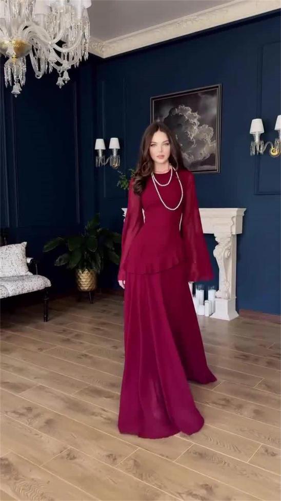 Red Mesh Long Sleeve See Through Luxury Women Simple Fashion Evening Party Maxi Dress