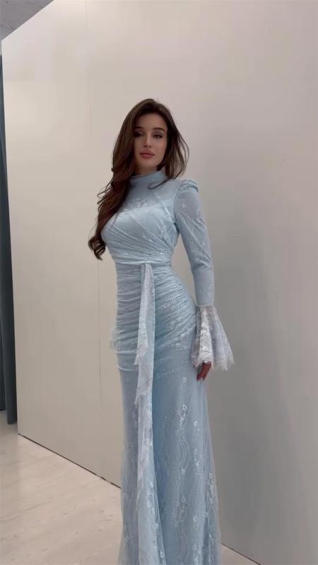 Light Blue Lace Luxury Women's Evening Party Maxi Formal Dress