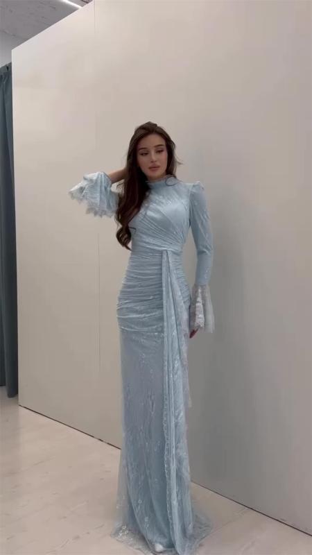 Light Blue Lace Luxury Women's Evening Party Maxi Formal Dress