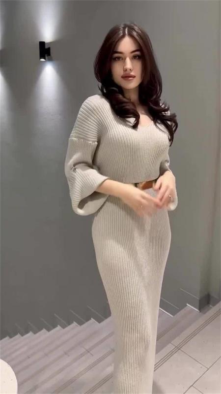 Light Gray Knitted Half Sleeve Pullover Sweater Elegant Women Midi Dress with Belt
