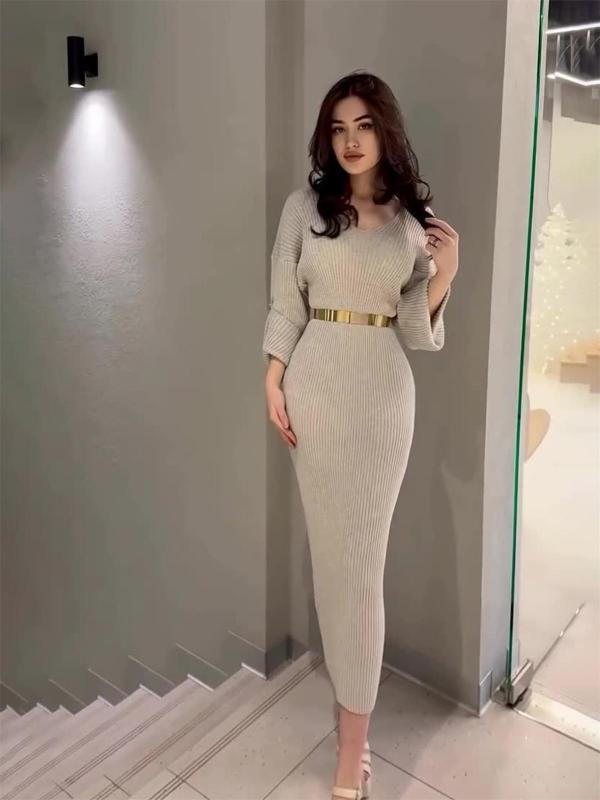 Light Gray Knitted Half Sleeve Pullover Sweater Elegant Women Midi Dress with Belt