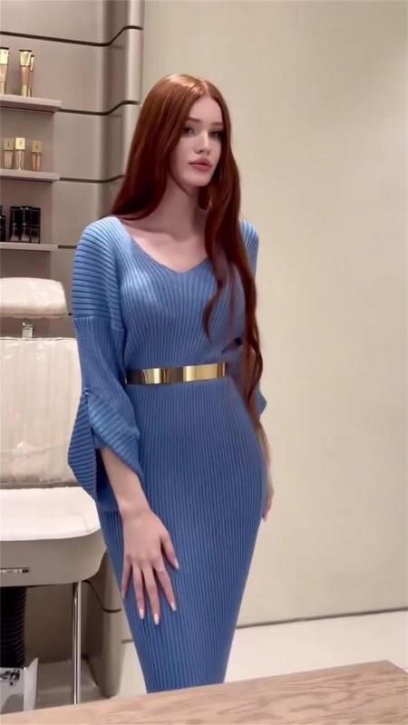 Blue Knitted Half Sleeve Pullover Sweater Elegant Women Midi Dress with Belt