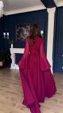 Red Mesh Long Sleeve See Through Luxury Women Simple Fashion Evening Party Maxi Dress