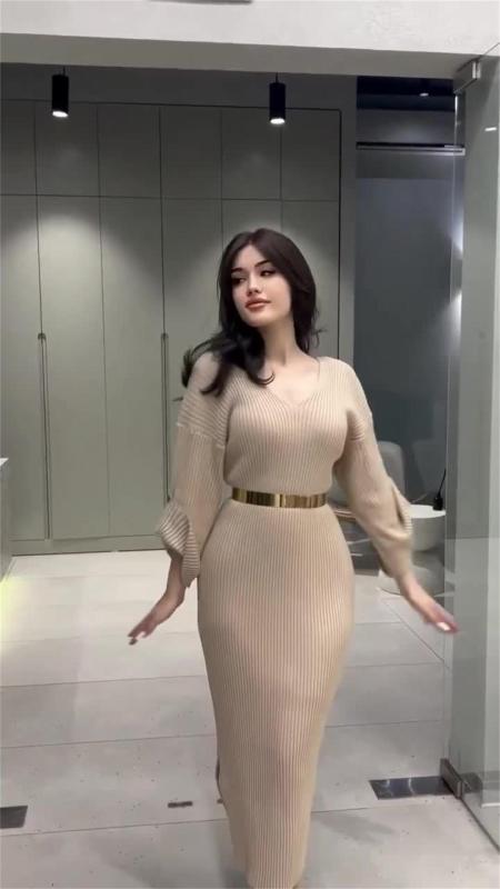 Apricot Knitted Half Sleeve Pullover Sweater Elegant Women Midi Dress with Belt