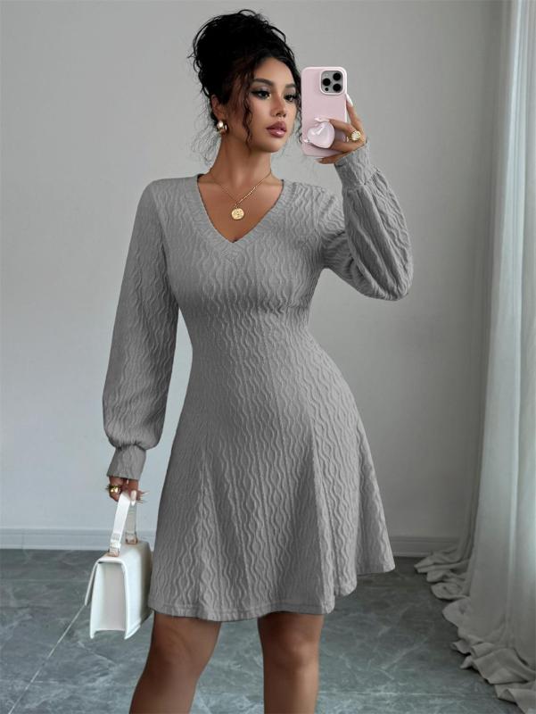 Gray Chic Fashion Women Knitting V Neck Sweaters Mini Skirt Dress