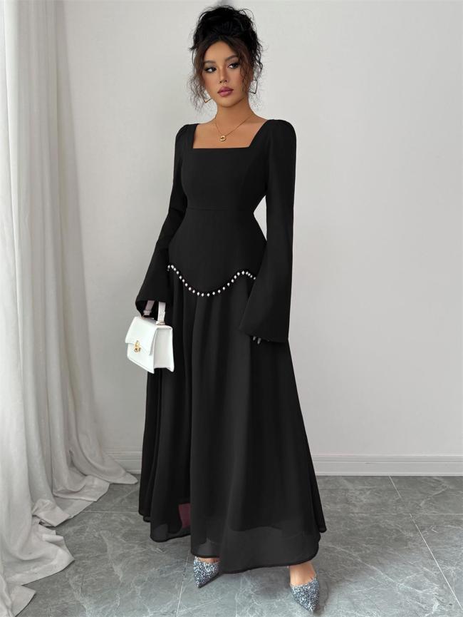 Black Luxury Women Evening Formal Square Neck Fashion Pleated Pearls Maxi Dress