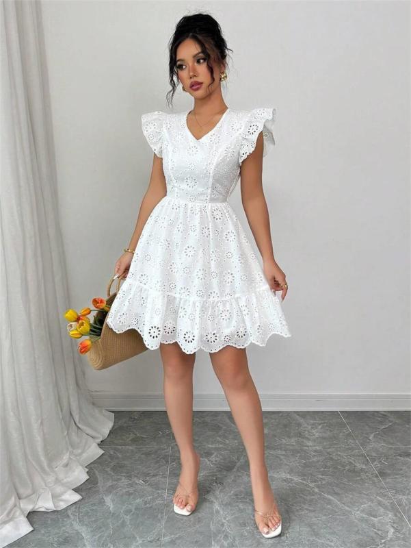 White Sleeveless Ruffles V Neck Hollow Out Slim Fit Women Mini Dress