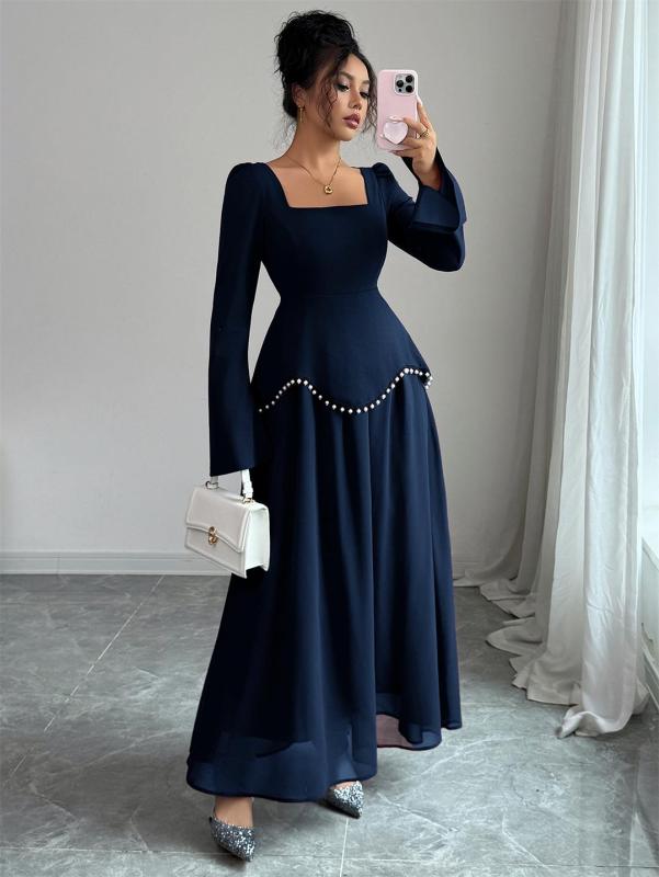 Royal Blue Luxury Women Evening Formal Square Neck Fashion Pleated Pearls Maxi Dress