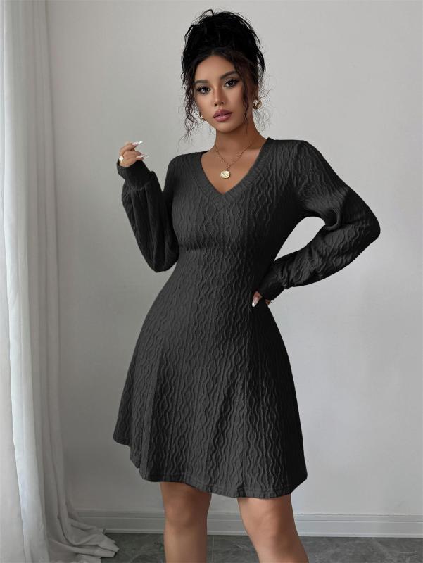 Black Chic Fashion Women Knitting V Neck Sweaters Mini Skirt Dress