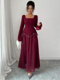 Claret Luxury Women Evening Formal Square Neck Fashion Pleated Pearls Maxi Dress