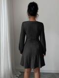 Black Chic Fashion Women Knitting V Neck Sweaters Mini Skirt Dress