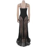 Black Straps Lace Hollow Out V Neck See Through Evening Party Dress
