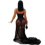 Black Straps Lace Hollow Out V Neck See Through Evening Party Dress