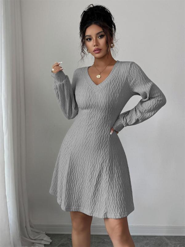 Gray Chic Fashion Women Knitting V Neck Sweaters Mini Skirt Dress