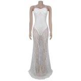White Straps Lace Hollow Out V Neck See Through Evening Party Dress 001