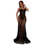 Black Straps Lace Hollow Out V Neck See Through Evening Party Dress