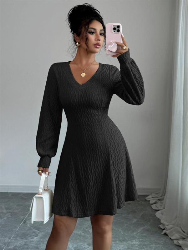 Black Chic Fashion Women Knitting V Neck Sweaters Mini Skirt Dress