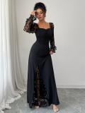 Black Lace Long Sleeve Mesh Square Neck Elegant Women Party Formal Long Dress