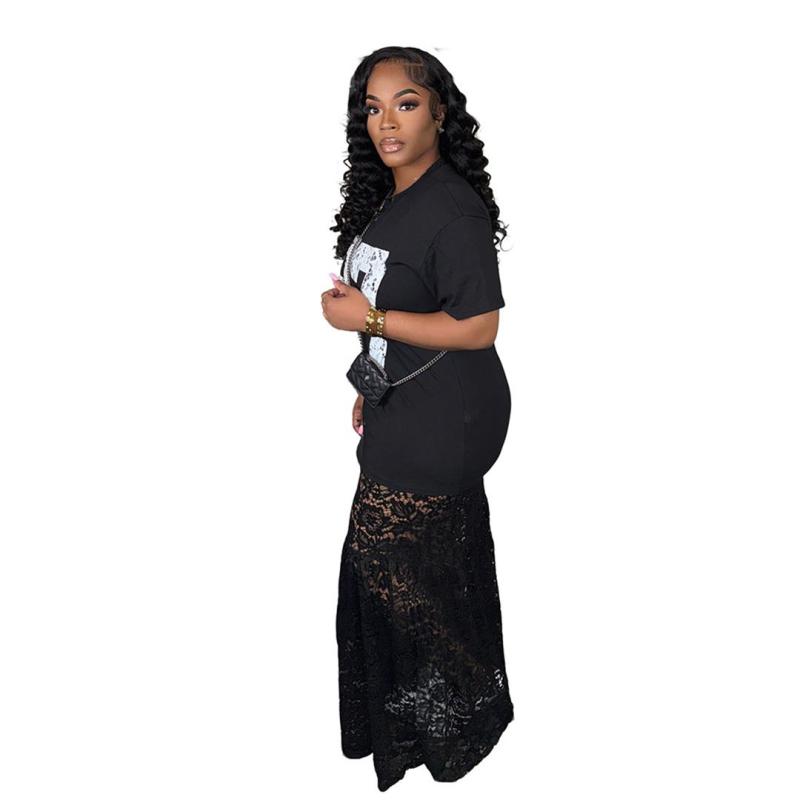 Black Short Sleeve Printed Patchwork Lace Hollow Out Party Maxi Dress