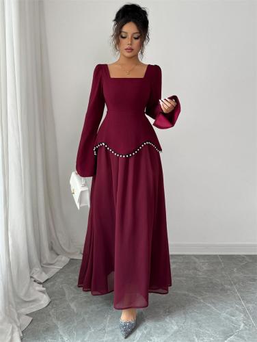 Claret Luxury Women Evening Formal Square Neck Fashion Pleated Pearls Maxi Dress
