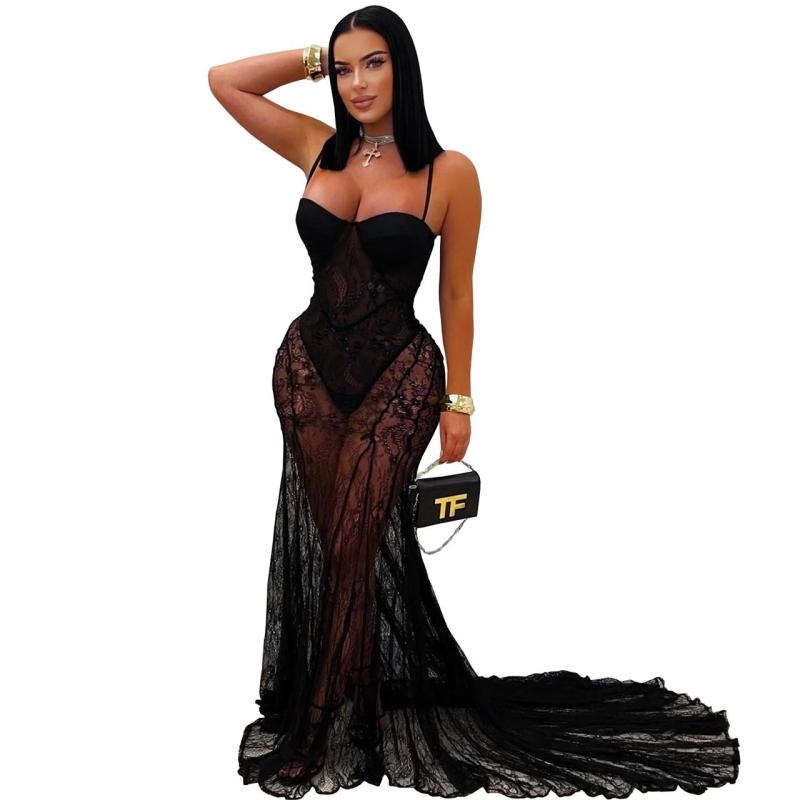 Black Straps Lace Hollow Out V Neck See Through Evening Party Dress