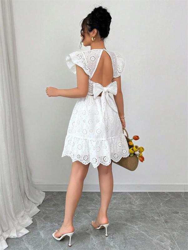 White Sleeveless Ruffles V Neck Hollow Out Slim Fit Women Mini Dress