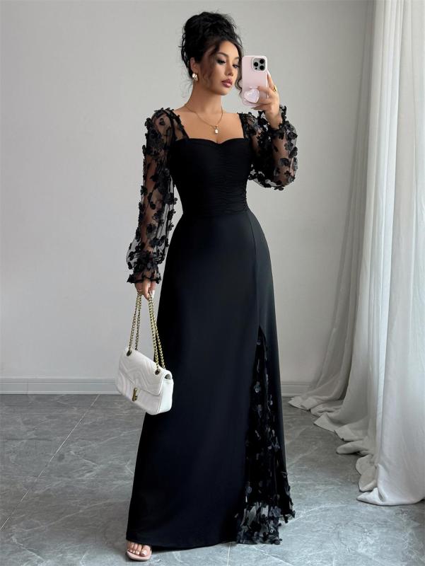 Black Lace Long Sleeve Mesh Square Neck Elegant Women Party Formal Long Dress