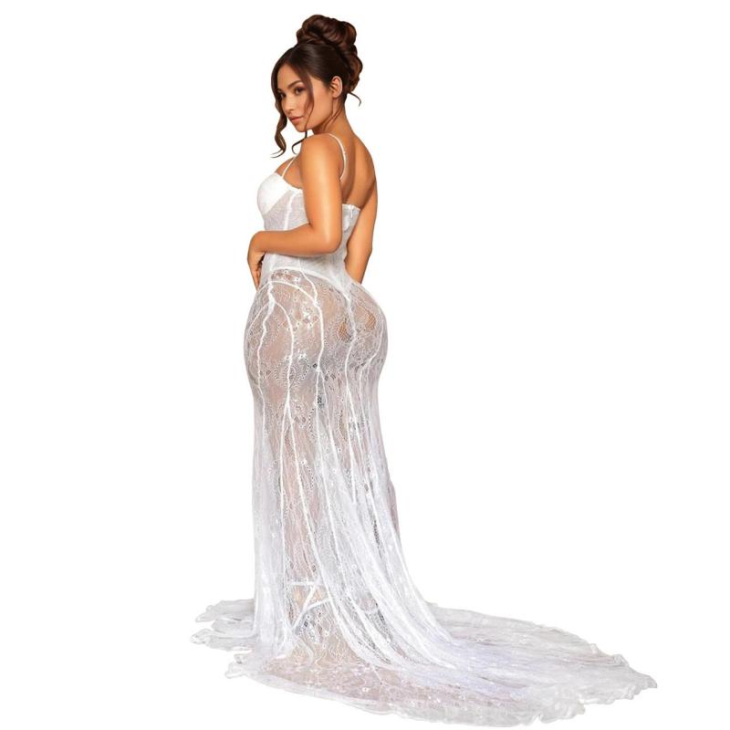 White Straps Lace Hollow Out V Neck See Through Evening Party Dress 001