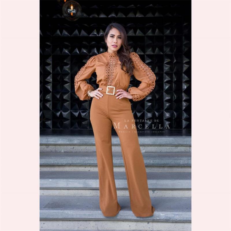 Khaki Long Sleeve Lace Hollow Out Patchwork Belted Wide Leg Sexy Jumpsuit