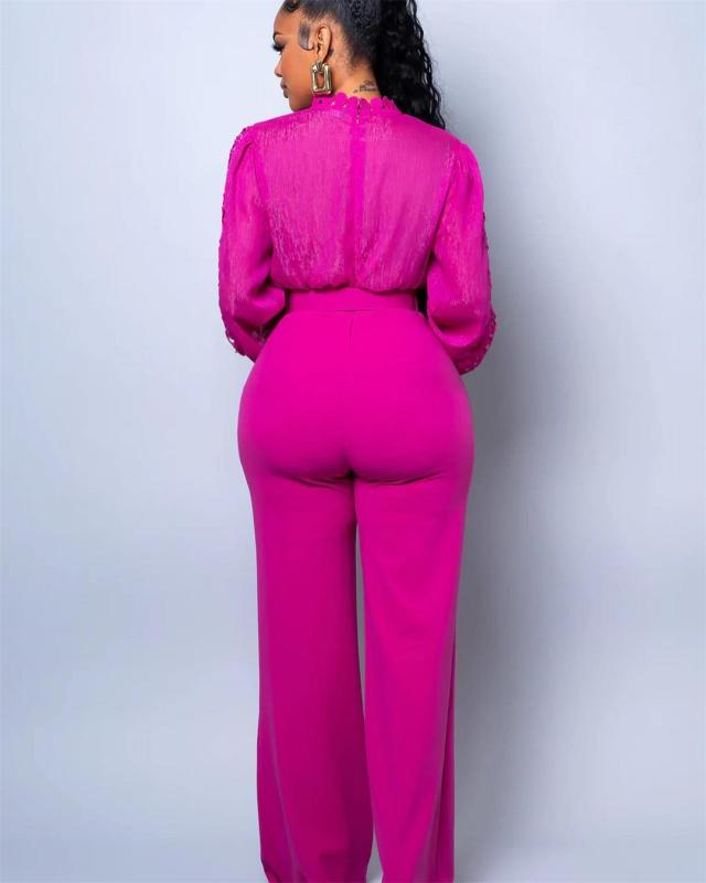 Rose Red Long Sleeve Lace Hollow Out Patchwork Belted Wide Leg Sexy Jumpsuit
