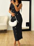 Black Straps Knitted Single Breasted Sweaters Bodycon Midi Dress