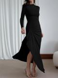 Black Long Sleeve Pleated Ruffles Lace Up Back Evening Formal Long Dress y2k
