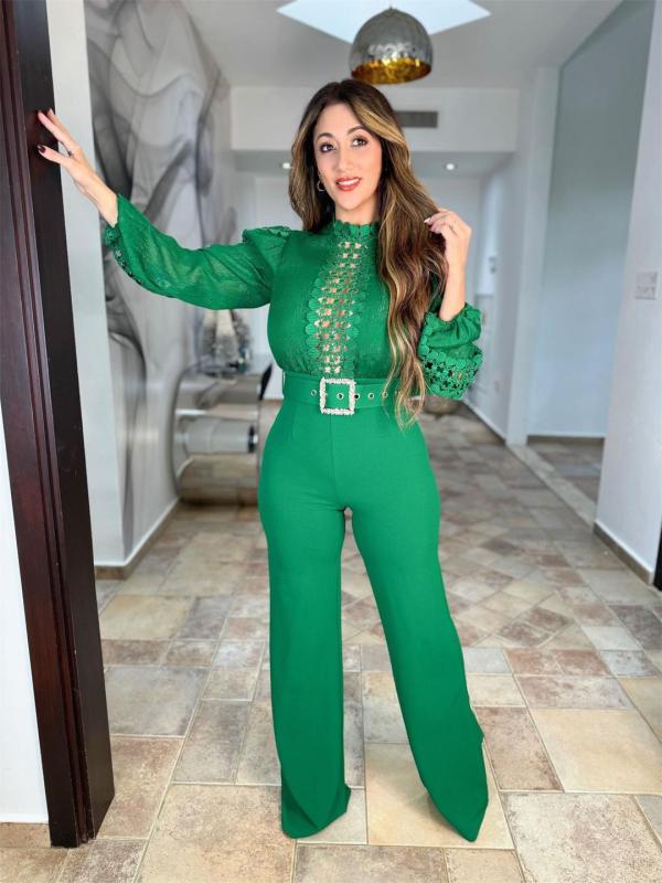Green Long Sleeve Lace Hollow Out Patchwork Belted Wide Leg Sexy Jumpsuit
