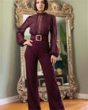 WineRed Long Sleeve Lace Hollow Out Patchwork Belted Wide Leg Sexy Jumpsuit
