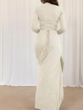 Apricot Long Sleeve Pleated Ruffles Lace Up Back Evening Formal Long Dress y2k