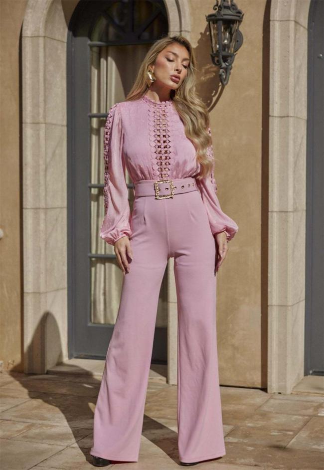 Pink Long Sleeve Lace Hollow Out Patchwork Belted Wide Leg Sexy Jumpsuit