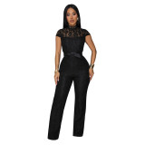Black Lace Hollow Out See Through Elegant Women Street Casual Jumpsuits