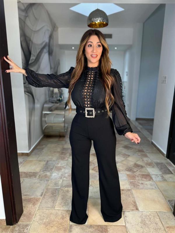 Black Long Sleeve Lace Hollow Out Patchwork Belted Wide Leg Sexy Jumpsuit