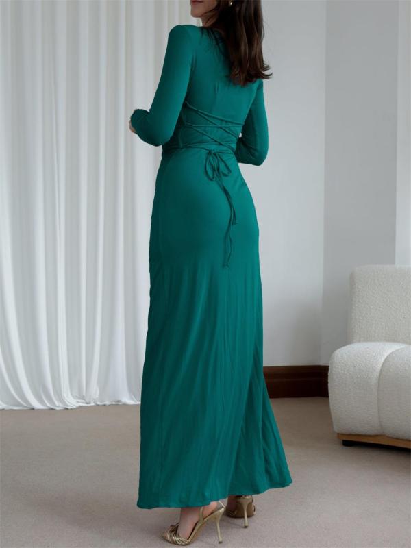 Green Long Sleeve Pleated Ruffles Lace Up Back Evening Formal Long Dress y2k