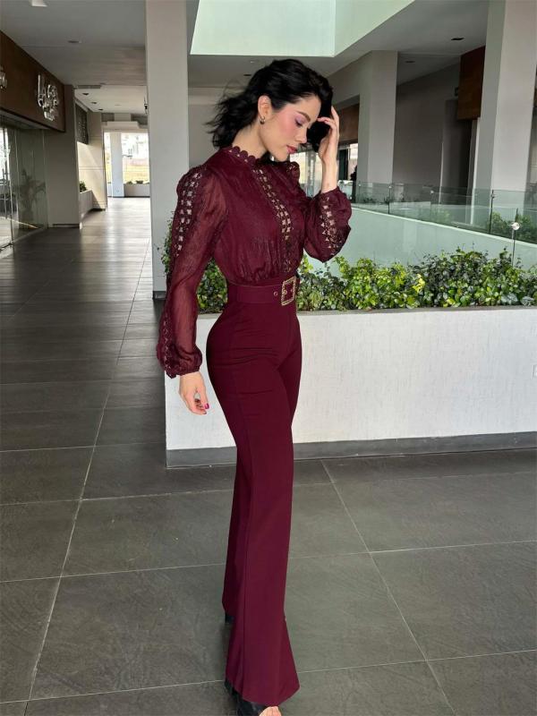 WineRed Long Sleeve Lace Hollow Out Patchwork Belted Wide Leg Sexy Jumpsuit
