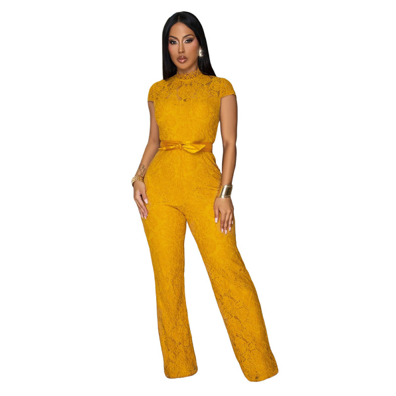 Yellow Lace Hollow Out See Through Elegant Women Street Casual Jumpsuits