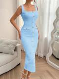 Blue Straps Knitted Single Breasted Sweaters Bodycon Midi Dress