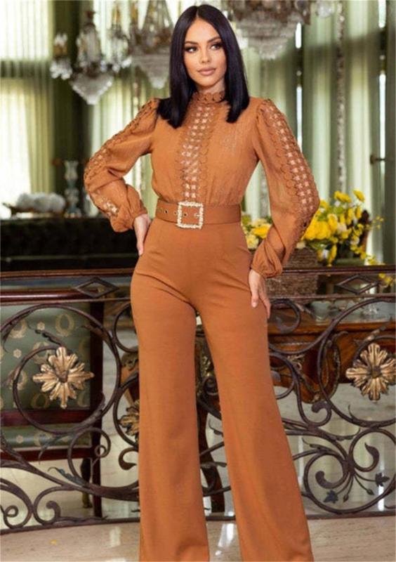 Khaki Long Sleeve Lace Hollow Out Patchwork Belted Wide Leg Sexy Jumpsuit
